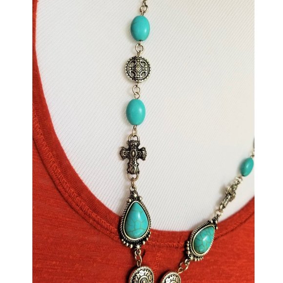 Artisan Hand Crafted Necklace Earrings Set Rosary Cross Turquoise Silver Beaded - Picture 4 of 7